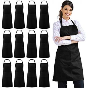 Syntus 12 Pack Bib Apron, Unisex Aprons Adjustable Waterdrop Resistant with 2 Pockets Cooking Kitchen Apron for Chef, BBQ Drawing Apron Bulk, Black