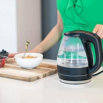 OVENTE Glass Electric Kettle Hot Water Boiler 1.5 Liter Borosilicate Glass Fast Boiling Countertop Heater - BPA Free Auto Shut Off Instant Water Heater Kettle for Coffee & Tea Maker - Black KG83B