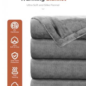 Mlivrom Heated Throw Blanket with 1-9 hrs Timer Auto-Off & 8 Heating Levels,Flannel Electric Blanket Throw ETL Certification,Machine Washable Full Body Warming Blankets (Grey, 50''×60'')