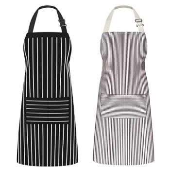 Syntus Kitchen Cooking Apron, 2 Pack Adjustable Bib Chef Aprons for Women Men with 2 Pockets, L-Black/Brown Stripes