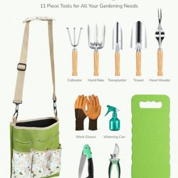 Grenebo All-in-One Garden Tool Set, 11-Piece Heavy Duty Gardening Tools with Ergonomic Canvas Shoulder Crossbody Bag, Rust-Proof Premium Garden Tool Kit, Gardening Gift for Women Men