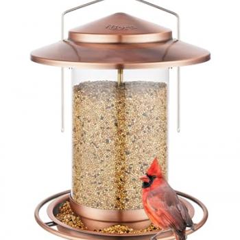 iBorn Metal Bird Feeder for Outside Hanging,Wild Bird Feeders for Cardinal,18cm Large Roof&Tray Brushed Copper 6 Port (Seed is not Included)