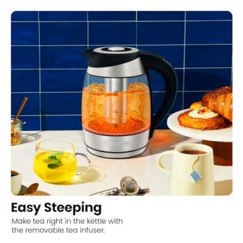 Chefman Electric Kettle with Temperature Control, 5 Presets LED Indicator Lights, Removable Tea Infuser, Glass Tea Kettle & Hot Water Boiler, 360° Swivel Base, BPA Free, Stainless Steel, 1.8 Liters