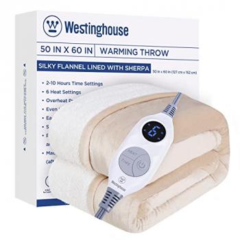 Westinghouse Heated Throw Blanket, Electric Blanket Throw with 6 Heating Levels and 2-10 Hours Time Settings, Flannel to Sherpa Super Cozy Heated Blanket Machine Washable, 50x60 inch, Beige