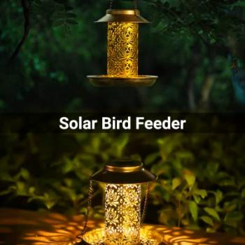 SWEETFULL Solar Bird Feeder for Outdoors Hanging, Metal Wild Bird Feeder for Cardinals Solar Garden Lantern with S Hook as Gift for Bird Lovers (2LBs Heavy Duty birdfeeders)