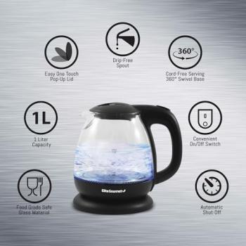 Elite Gourmet EKT1001 Electric 1.0L BPA-Free 1100W Glass Kettle Cordless 360° Base, Stylish Blue LED Interior, Handy Auto Shut-Off Function – Quickly Boil Water For Tea & More, Black