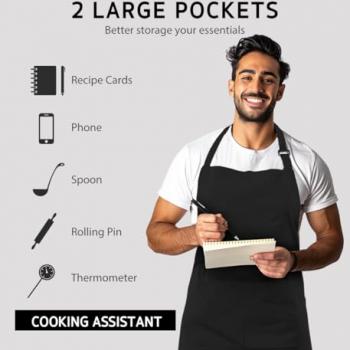 Syntus 2 Pack Adjustable Bib Apron Waterdrop Resistant with 2 Pockets Cooking Kitchen Aprons for Women Men Chef, Black