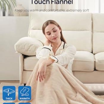 Westinghouse Electric Throw Blanket with Foot Pocket for Adults, Soft Flannel to Sherpa Heated Throw with 6 Heating Levels & 2-10 Hours Time Settings, Fast Heating & Machine Washable, 50x62, Beige