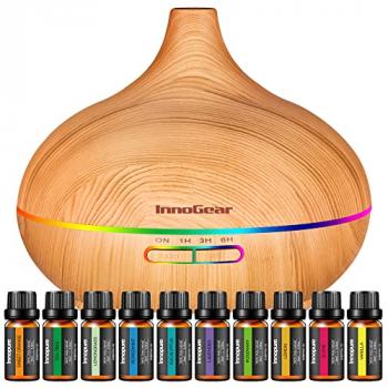 InnoGear Aromatherapy Diffuser & 10 Essential Oils Set, 400ml Diffuser Ultrasonic Diffuser Cool Mist Humidifier with 4 Timers 7 Colors Light Waterless Auto Off for Large Room Office, Yellow Wood Grain