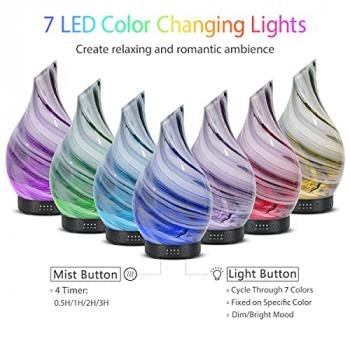 Essential Oil Diffuser 120ml Ultrasonic Aromatherapy Diffuser with Handmade Glass BPA Free Waterless Auto-Off, 4 Timer Setting 7 Colors Changed LED for Home Yoga Office