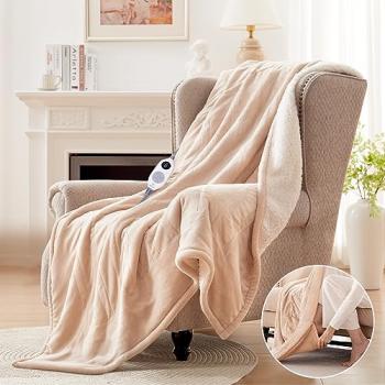 Westinghouse Electric Throw Blanket with Foot Pocket for Adults, Soft Flannel to Sherpa Heated Throw with 6 Heating Levels & 2-10 Hours Time Settings, Fast Heating & Machine Washable, 50x62, Beige