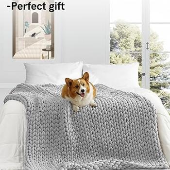 YnM Knitted Weighted Blanket, Hand Made Chunky Knit Weighted Throw Blanket for Sleep, Stress or Home Décor (Silver Grey, 60"x80" 15lbs), Suit for One Person(~140lb) Use on Queen/King Bed