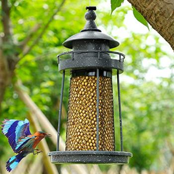 Twinkle Star Wild Bird Feeder Hanging for Garden Yard Outside Decoration, Panorama Gazebo Birdfeeder, Lighthouse Shaped, Grey