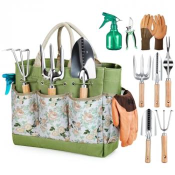 Grenebo Gardening Tools 9-Piece Heavy Duty Gardening Hand Tools with Fashion and Durable Garden Tools Organizer Handbag,Rust-Proof Garden Tool Set, Ideal Gardening Gifts for Women