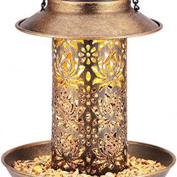 SWEETFULL Solar Bird Feeder for Outdoors Hanging, Metal Wild Bird Feeder for Cardinals Solar Garden Lantern with S Hook as Gift for Bird Lovers (2LBs Heavy Duty birdfeeders)