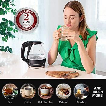 OVENTE Glass Electric Kettle Hot Water Boiler 1.5 Liter Borosilicate Glass Fast Boiling Countertop Heater - BPA Free Auto Shut Off Instant Water Heater Kettle for Coffee & Tea Maker - Black KG83B