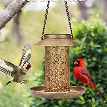 SWEETFULL Solar Bird Feeder for Outdoors Hanging, Metal Wild Bird Feeder for Cardinals Solar Garden Lantern with S Hook as Gift for Bird Lovers (2LBs Heavy Duty birdfeeders)