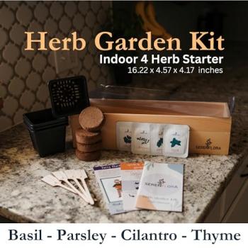 Indoor Herb Garden Kit, 4 Non-GMO Seeds with Reusable Pots, Planter – Wood Planting Box for Kitchen Windowsill with Basil, Parsley, Cilantro, Thyme - Easy DIY Indoor Plant Starter Gifts