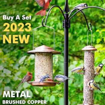 iBorn Metal Bird Feeder for Outside Hanging,Wild Bird Feeders for Cardinal,18cm Large Roof&Tray Brushed Copper 6 Port (Seed is not Included)