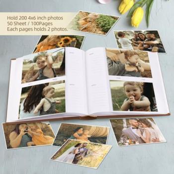 Golden State Art Photo Album holds 4x6 200 Horizontal Pictures with Memo Space, Leather Vintage Cover for Wedding Family Christmas and Valentine's Day(Brown)