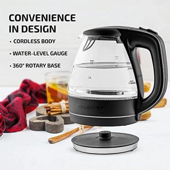 OVENTE Glass Electric Kettle Hot Water Boiler 1.5 Liter Borosilicate Glass Fast Boiling Countertop Heater - BPA Free Auto Shut Off Instant Water Heater Kettle for Coffee & Tea Maker - Black KG83B