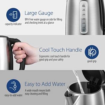 COMFEE' Stainless Steel Electric Kettle, 1.7 Liter Tea Kettle Electric & Hot Water Kettle, 1500W Fast Boil with LED Light, Auto Shut-Off and Boil-Dry Protection