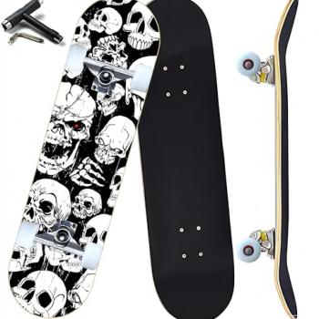 Pro Complete Skateboards for Beginners Girls Boys Kids Youths Teens Adults 31"x8" Skate Boards 7 Layers Canadian Maple Double Kick Deck Concave Longboard (Skull)