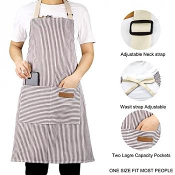 2 Pack Apron, Cotton Cooking Kitchen Aprons, Adjustable Bib Apron with 2 Pockets for Men Women Chef Aprons,(Black/Brown Stripes)