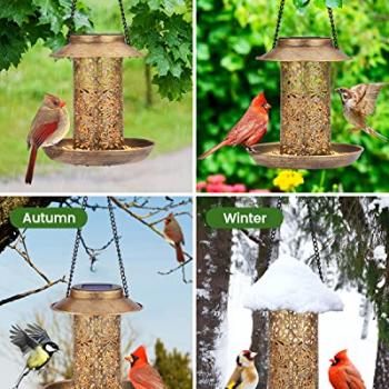 SWEETFULL Solar Bird Feeder for Outdoors Hanging, Metal Wild Bird Feeder for Cardinals Solar Garden Lantern with S Hook as Gift for Bird Lovers (2LBs Heavy Duty birdfeeders)