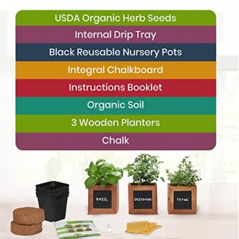 Indoor Herb Garden Kit - includes 3 Wooden Herb Pots, Internal drip Trays, Soil Pellets, Chalk, Instructions Booklet and Basil, Oregano & Thyme Non GMO Herb Seeds. DIY Kitchen Herbs Growing Kit.…