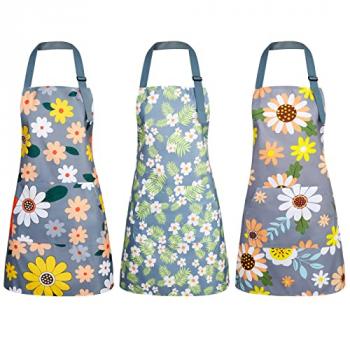 BOUMUSOE 3 Pack Floral Aprons with Pocket, Blooming Womens Aprons Waterproof Adjustable Cooking Aprons for Kitchen Gardening and Salon