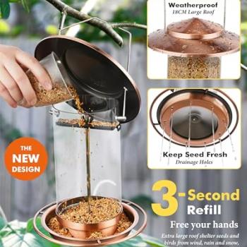 iBorn Metal Bird Feeder for Outside Hanging,Wild Bird Feeders for Cardinal,18cm Large Roof&Tray Brushed Copper 6 Port (Seed is not Included)