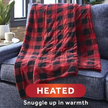 Sunbeam Royal Luxe Red Black Buffalo Plaid Heated Personal Throw / Blanket, Cozy-Warm, Adjustable Heat Settings