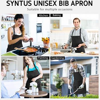 Syntus 2 Pack Adjustable Bib Apron Waterdrop Resistant with 2 Pockets Cooking Kitchen Aprons for Women Men Chef, Black