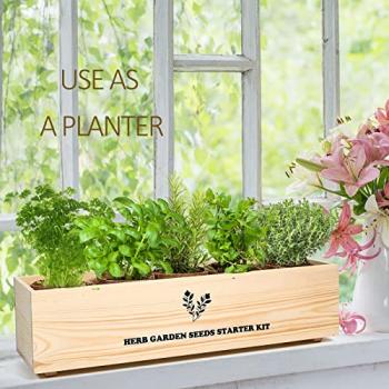 Indoor Herb Grow Kit, 5 Seeds Garden Starter Kit with Complete Planting & Wooden Flower Box, Growing into Basil, Parsley, Rosemary, Thyme, Mint for Kitchen Windowsill DIY