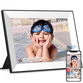 Frameo Digital Picture Frame,WiFi Slideshow Digital Photo Frame with 10.1 Inch IPS Touch Screen,Load from Phone to 32GB Digital frame,Smart Rotating Pictures via White Electronic Picture Frame,Gift