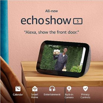 Echo Show 5 (3rd Gen, 2023 release) | Smart display with deeper bass and clearer sound | International Version with UK Power Adaptor | Charcoal