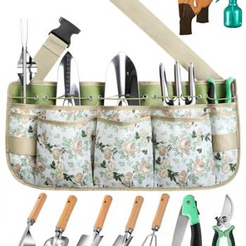 Grenebo All-in-One Garden Tool Set with Tools Organizer Belt Adjustable, 10-Piece Heavy Duty Gardening Hand Tools, Long Lasting Rust-Proof Premium Garden Tool Kit, Gardening Gift for Women Men