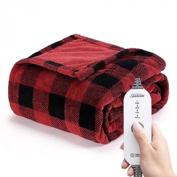 Sunbeam Royal Luxe Red Black Buffalo Plaid Heated Personal Throw / Blanket, Cozy-Warm, Adjustable Heat Settings