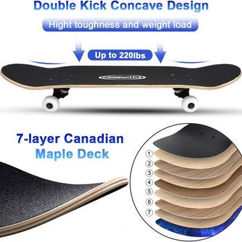 ChromeWheels 31 inch Skateboard Complete Skateboards Double Kick Skate Board 7 Layer Canadian Maple Deck Skateboard for Kids and Beginners