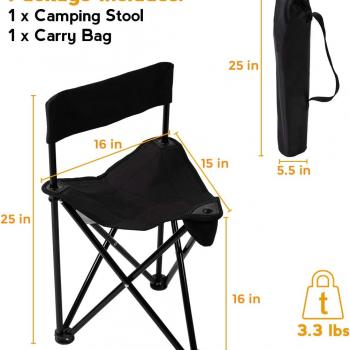 Lightweight Portable Tripod Camp Chair, Includes Carry Bag - polyester,steel,Black