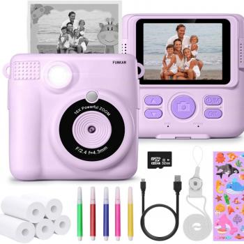 Instant Print Camera for Kids - 2.4" HD 1080P - with 32GB SD Card, 5 Markers, Stickers, 5 Paper Rolls, Lanyard. Camera Boys and Girls from 3 to 14 Years Old. (Purple)