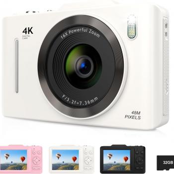 Digital Camera, FHD 4K 48MP Point and Shoot Digital Camera for Kids with 16X Zoom, 32GB Card, Anti-Shake, Compact Small Camera for Teens Boys Girls Beginner Kids Gift