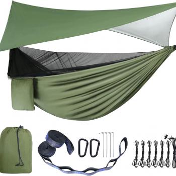 Camping Hammock - Hammocks with Mosquito Net Tent and Rain Fly Tarp, Portable Single & Double Nylon Parachute Hammock with Heavy Duty Tree Strap, Indoor Outdoor Backpacking Survival Travel