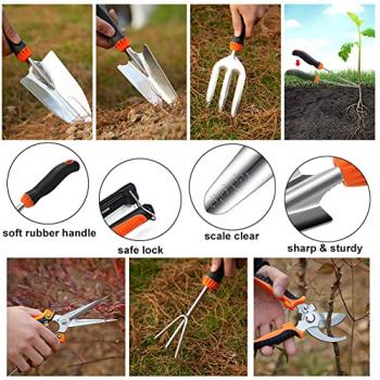 QINGFANGLI Garden Tool Set,10 PCS Stainless Steel Heavy Duty Gardening Tool Set with Soft Rubberized Non-Slip Ergonomic Handle Storage Tote Bag,Gardening Tool Set Gifts for Women and Men