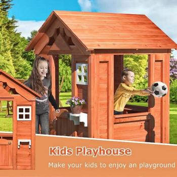 Outdoor Playhouse for Age 3-6 Years Boy Girl, Wooden Cottage Playhouse with Window & Flowerpot Holder, Play House for Outdoor Garden, Lawn, Patio, Yard.