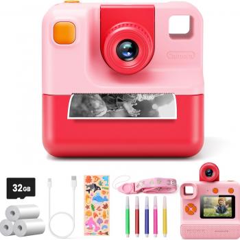 Kids Camera Instant Print, Digital Camera, Selfie 1080P Video Camera with 32G TF Card, Toys Gifts for Girls Boys Aged 3-14 for Christmas/Birthday/Holiday (Pink)