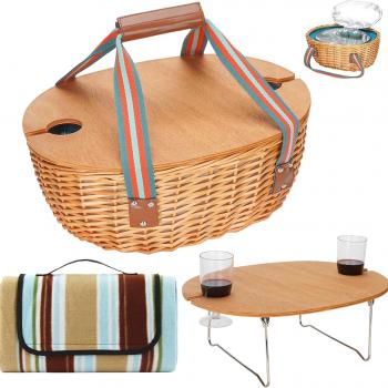 Picnic Basket for 2 with Blanket - Wicker Picnic Basket with Table | Willow Picnic Set for 2 Person with Large Insulated Cooler | Wicker Hamper with Cutlery Service Kit | Gift Basket for Christmas