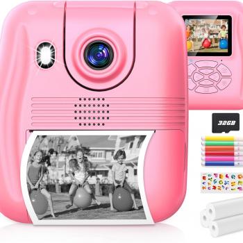 Instant Print Camera Gift for Kids Age 3-12 Girls Boys, 1080P HD Selfie Digital Camera, 12MP Kids Print Camera Toy with 180°Rotatable Camera, 16X Digital Zoom, 32GB TF Card, Colored Pens (Pink)