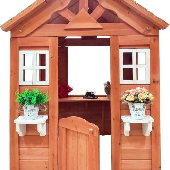 Outdoor Playhouse for 3-8 Years Boys Girls with Flowerpot Holder Window Pretend Play Wooden Cottage Playhouse for Outdoor Garden Lawn Patio Yard 42 x 46 x 55in Gold